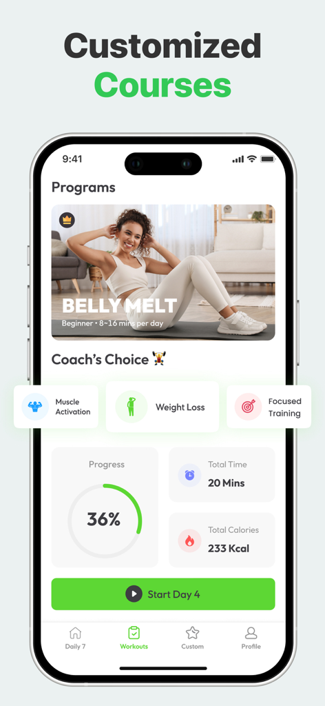 7 Minute Workout: Exercise App - Ein Smartphone-Bildschirm, der die benutzerdefinierten Programme und den täglichen Fortschritt der 7 Minute Workout App anzeigt.
