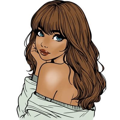 realistic girl with bangs looking over her shoulder