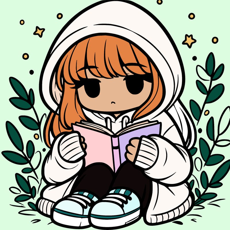 girl in oversized hoodie reading a book