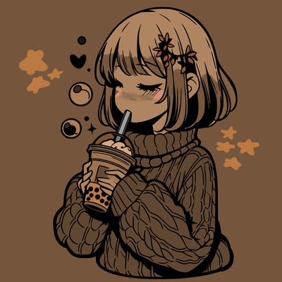 manga girl drinking boba in cozy sweater