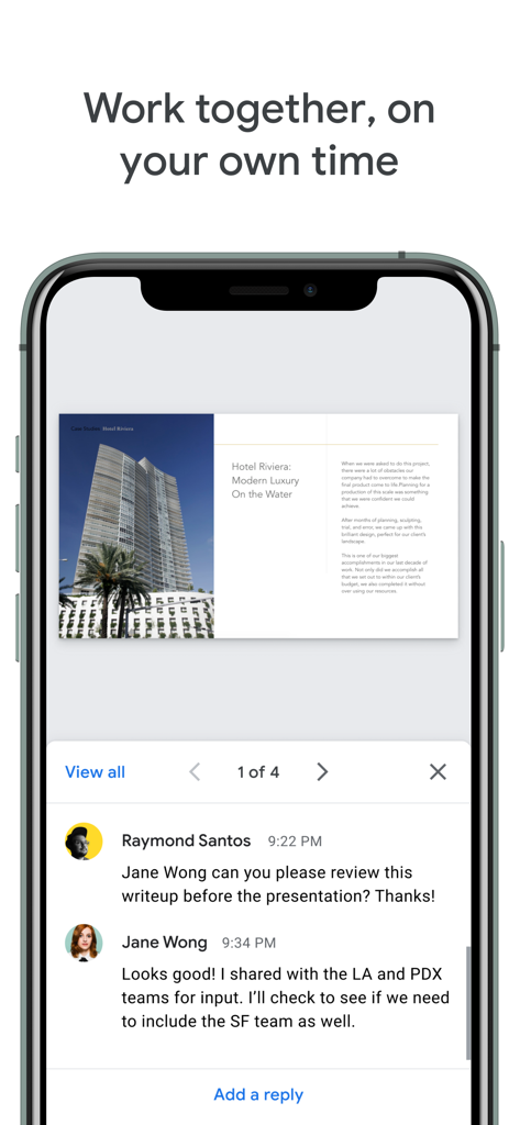 Google Slides mobile interface showing real-time comments and collaboration on a presentation slide