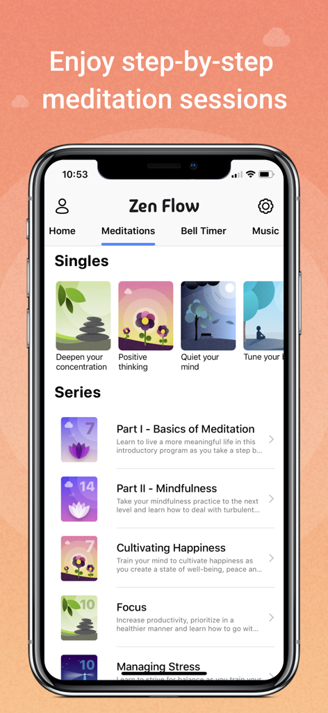 Zen Flow - Meditate Now - Zen Flow app interface showing a list of step by step meditation sessions and series on an iPhone screen