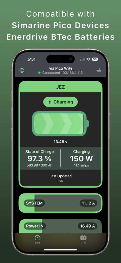 Battery Monitor - Tableau de bord de l'application Moniteur de Batterie montrant l'état de charge en temps réel et la tension pour les systèmes Simarine et Enerdrive