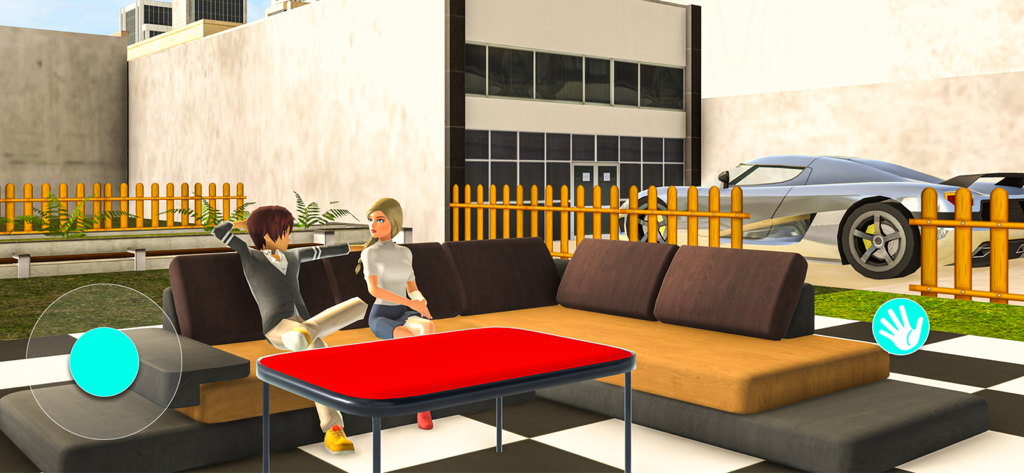 Anime High School Dating Game - Zwei Anime-Charaktere sitzen auf einer Couch in einem virtuellen Dating-Simulator