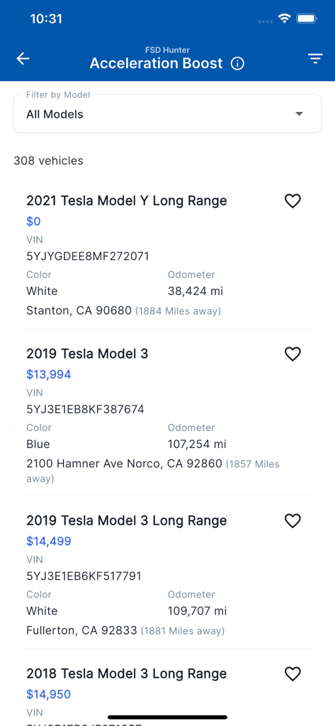 Search results in the FSD Hunter app showing a list of used Tesla vehicles with the Acceleration Boost feature