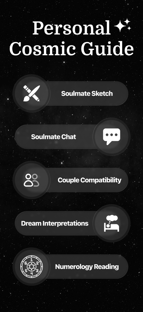 Luna AI - Soulmate Drawing - Luna AI app interface showing the Personal Cosmic Guide menu with features for Soulmate Sketch Soulmate Chat and Numerology Reading