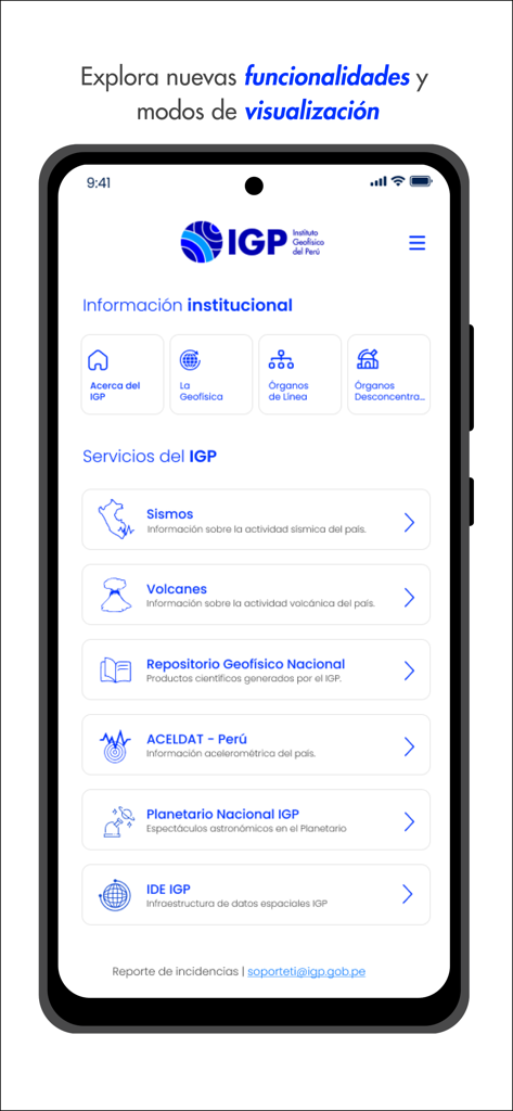 #IGP - Interfaccia principale dell'app IGP che mostra informazioni istituzionali e servizi geofisici