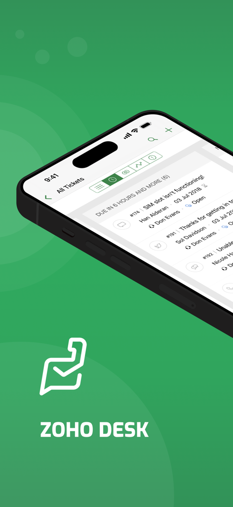 Zoho Desk - Interfaz de la aplicación móvil Zoho Desk que muestra una lista de tickets de soporte al cliente en un smartphone