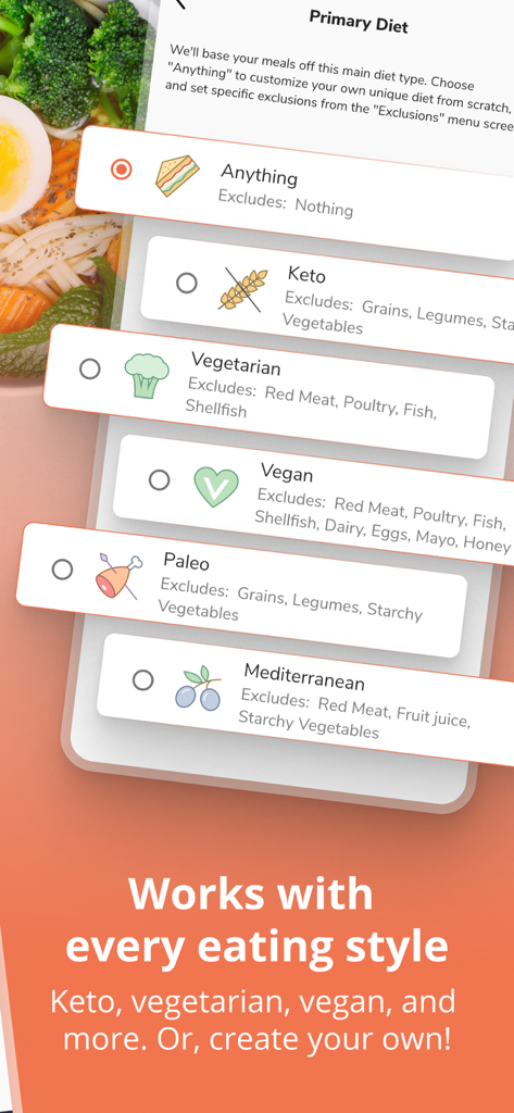 Eat This Much - Meal Planner - Interface do aplicativo Eat This Much mostrando opções primárias de dieta como Vegetariana Keto e Vegana