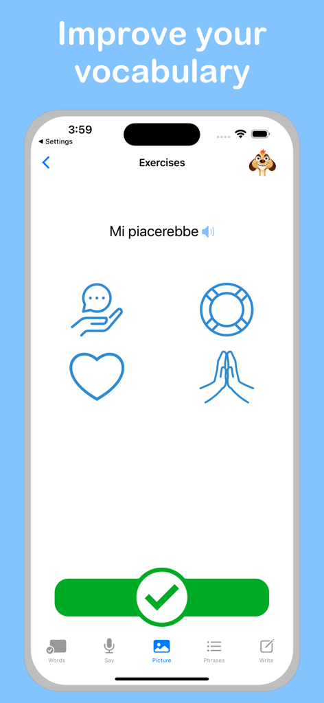 Wortschatzübung der Italienisch Plus-App, die eine Bildzuordnungs-Bildschirm für den Satz Mi piacerebbe zeigt