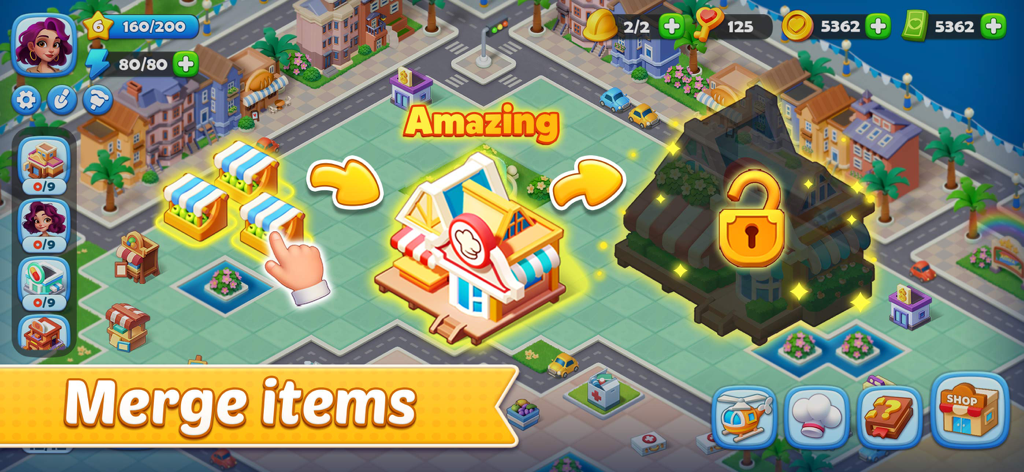 Gameplay screenshot of Seaside Hearts showing how merging items unlocks new buildings in the seaside town