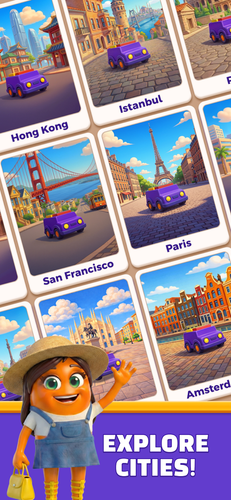 Loop Sort - A cartoon character waving in front of cards showing various world cities like Paris and San Francisco under the text Explore Cities.