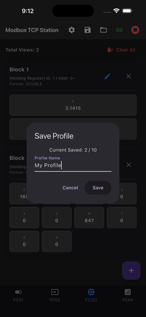 Modbus TCP Station - Save Profile dialog in the Modbus TCP Station app.