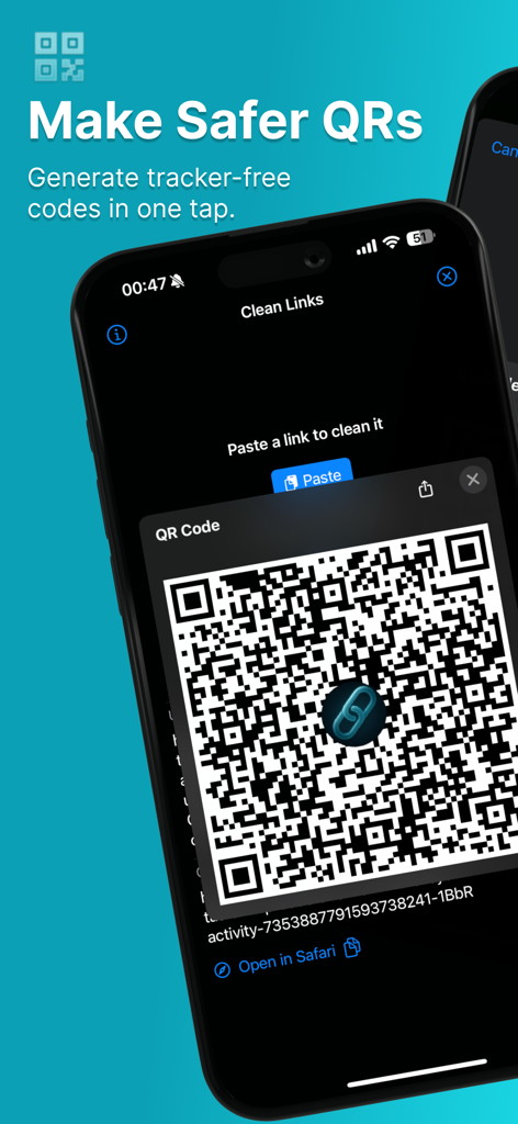 Clean Links - QR Code Reader - Clean Links app interface showing the generation of a tracker-free QR code from a pasted link