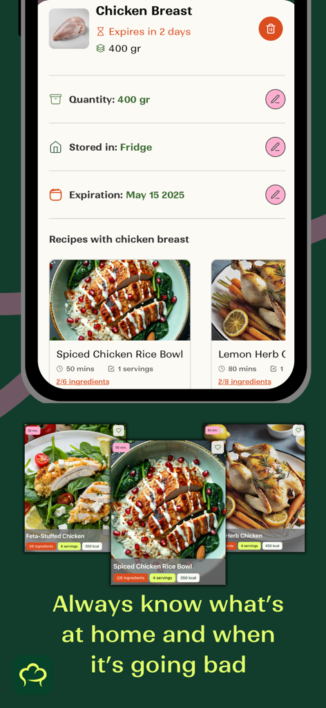 Interfaz de la aplicación Remy mostrando detalles del inventario de pechuga de pollo con fechas de caducidad y recetas sugeridas.