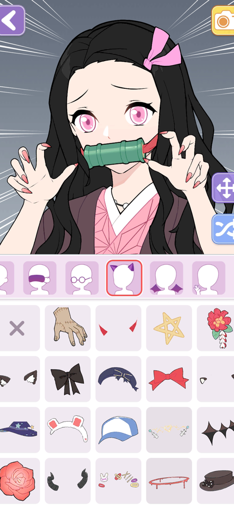 Interfaz de personalización de avatar de chica de anime con una amplia selección de accesorios para el cabello y tocados