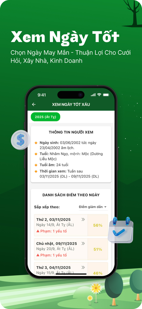 Lịch Âm - Lịch Vạn Niên 2026 - Pantalla de la aplicación de calendario lunar vietnamita mostrando la selección de días propicios para bodas y eventos empresariales
