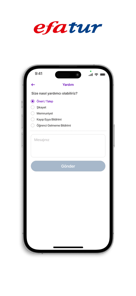 Efatur Servis - Pantalla de ayuda y comentarios para la aplicación de rastreo de transporte escolar Efatur Servis.