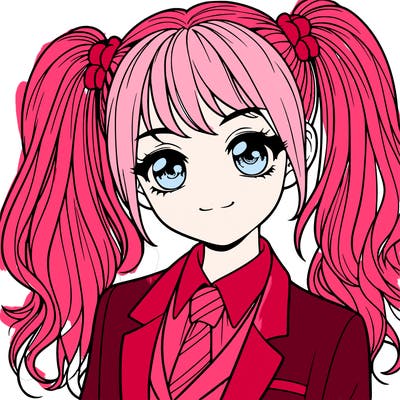 realistic girl with two ponytails and a suit on