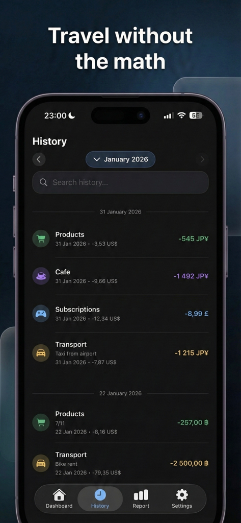 Stash Flow app history screen showing travel expenses in multiple currencies converted to USD