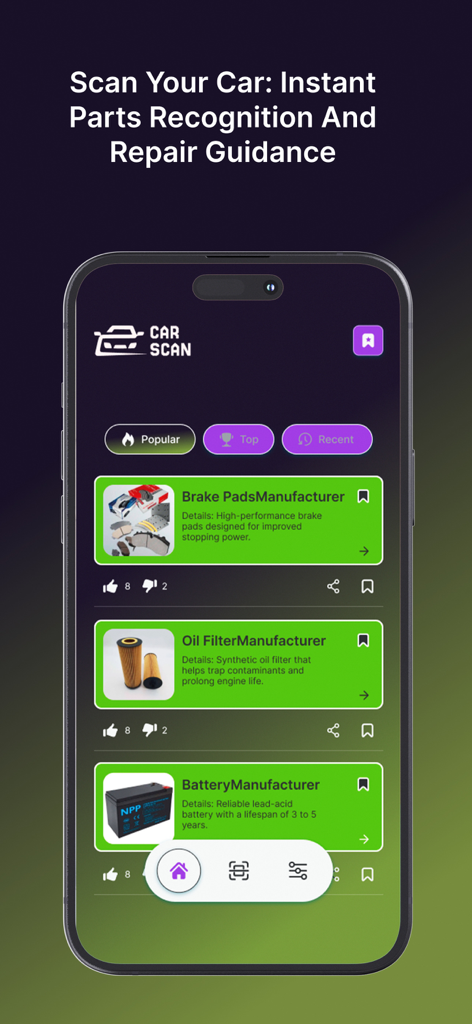 Mobile app interface of Cars Scan showing car parts recognition results for brake pads and oil filters