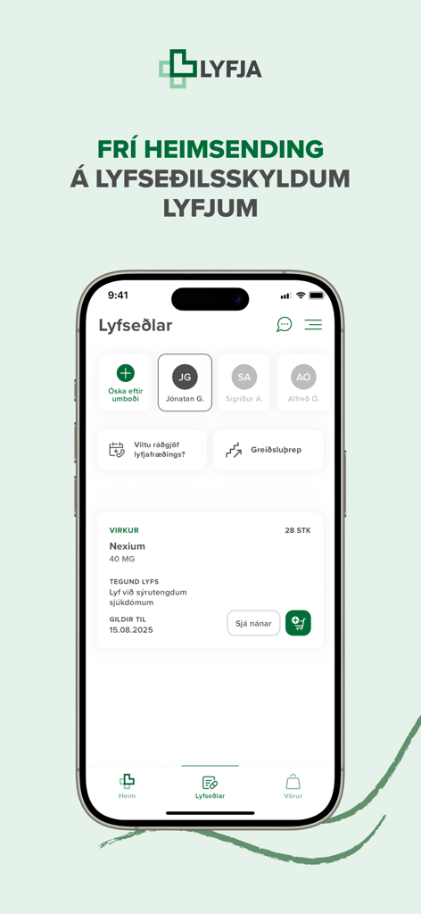 Lyfja hf. - Pantalla de la aplicación móvil Lyfja que muestra una receta médica para Nexium con opciones para gestionar cuentas médicas familiares