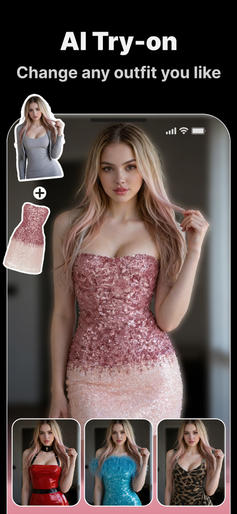 Snapana: AI Video Generator - A user interface of Snapana app demonstrating AI outfit changes on a model
