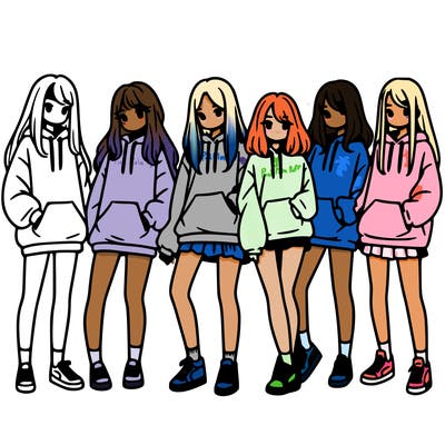 group of girls in baggy sweatshirts and shorts