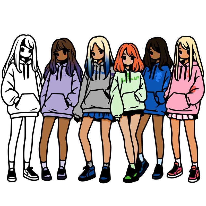 group of girls in baggy sweatshirts and shorts