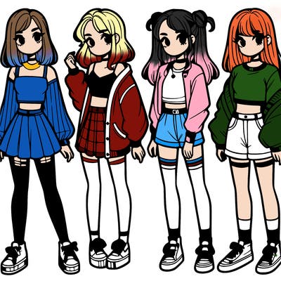one girl with crop-top shirt and a jacket with a skirt, long socks and another girl with a shirt and pants with a jacket