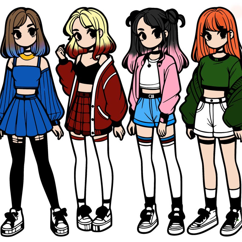 one girl with crop-top shirt and a jacket with a skirt, long socks and another girl with a shirt and pants with a jacket