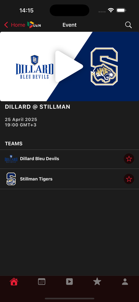 Urban Edge Network | UEN - Urban Edge Network app event page showing a collegiate sports matchup between Dillard and Stillman.