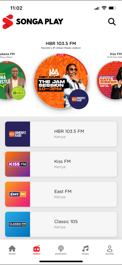 Songa Play - Songa Play app showing a list of live radio stations from Kenya.