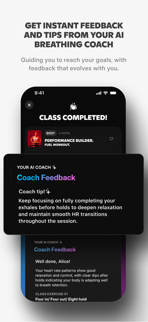 FivePointFive: Breathwork - Interface of the FivePointFive app showing personalized feedback and tips from an AI breathing coach after a performance session.