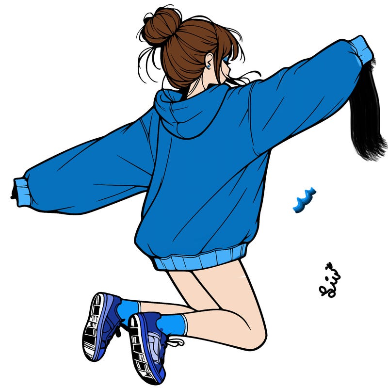realistic girl jumping with a bun and oversized sweatshirt