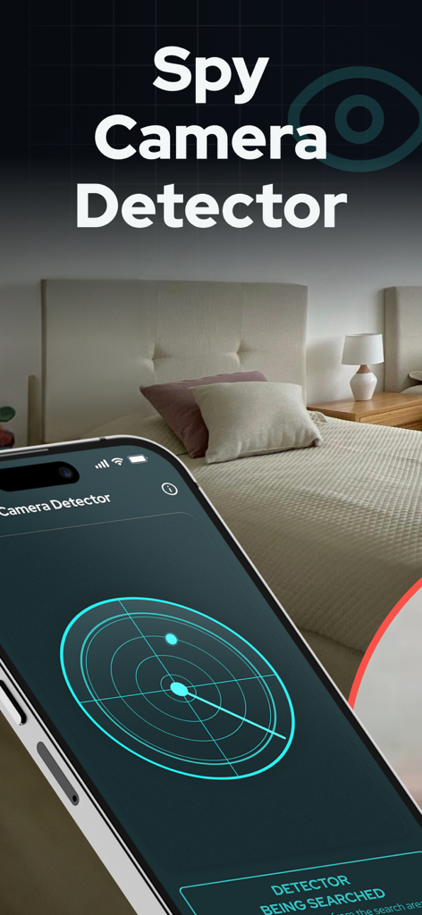 iPhone screen displaying a spy camera detector app scanning a hotel bedroom for privacy protection