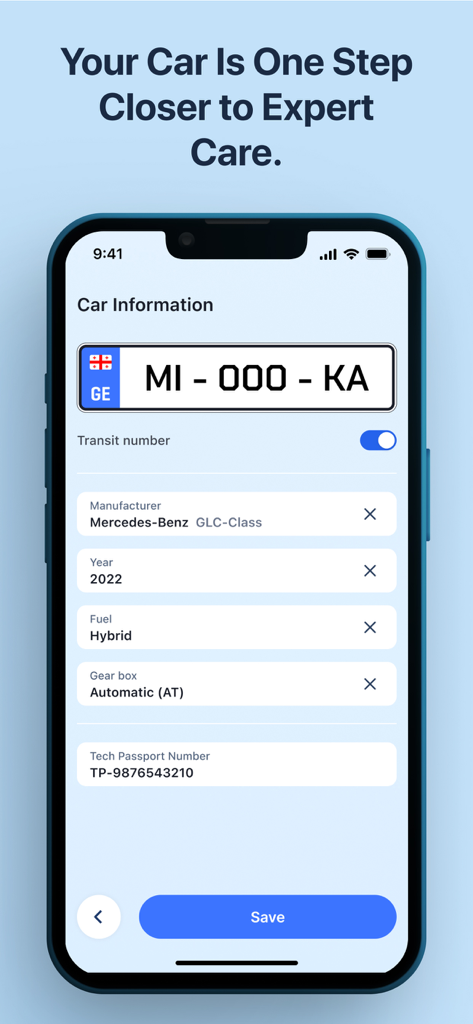 Caru.Ge - Mobile screen showing the Car Information section of the Caru app with vehicle details and license plate