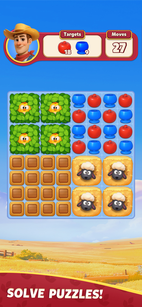 Family Farm Match - Family Farm Match-3 puzzle level with apples pots sheep and chickens