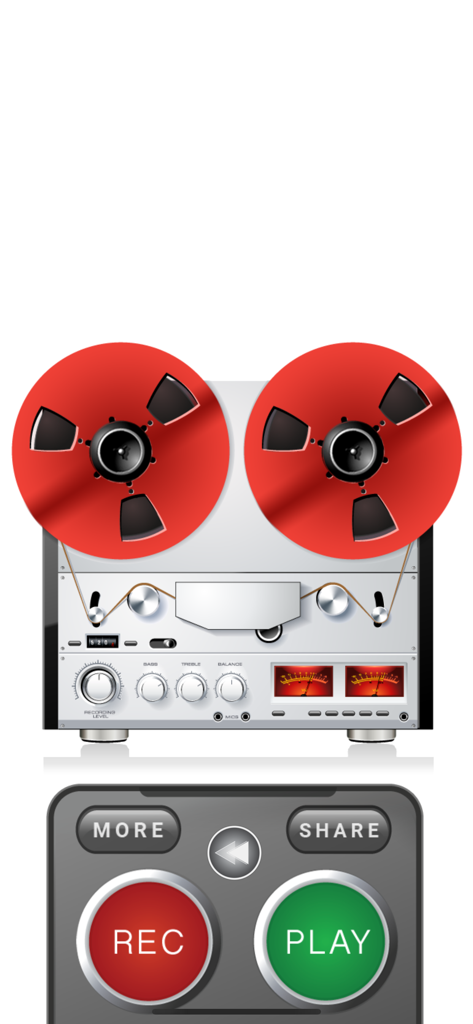 Say It Backwards App - Say It Backwards App interface featuring a vintage reel-to-reel tape recorder with record and play buttons