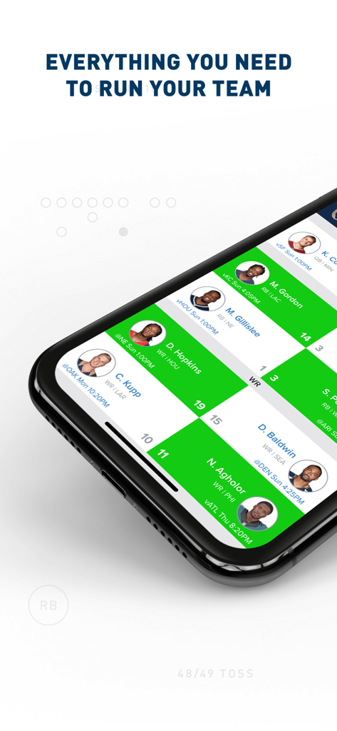CBS Sports Fantasy - CBS Sports Fantasy app interface displaying a fantasy football team roster on a mobile phone.