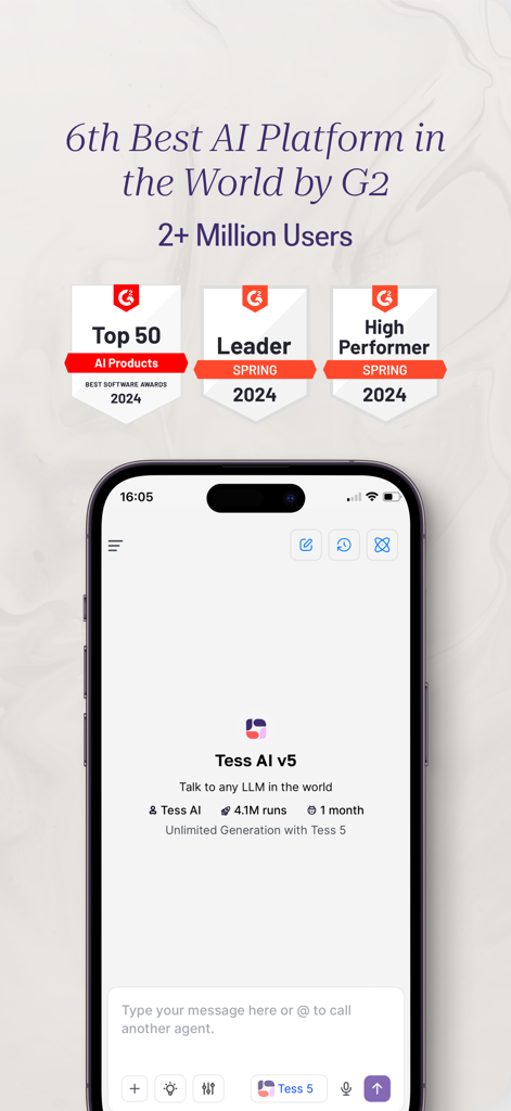 Tess AI - Tess AI mobile app interface showing G2 awards for being a top AI platform and its chat screen for various LLM models