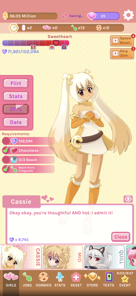 Crush Crush - Idle Dating Sim - Garota de anime Cassie na tela de jogabilidade do Crush Crush Idle Dating Sim com diálogo sedutor