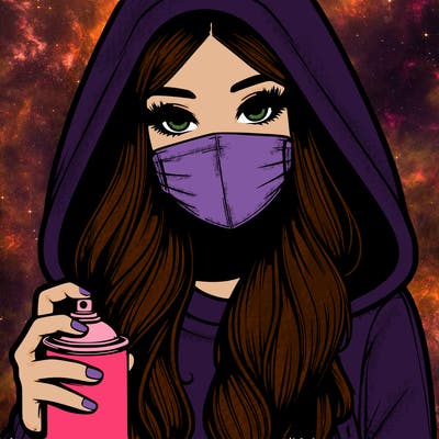 girl wearing a mask with long hair with her hood up spray-painting realistic