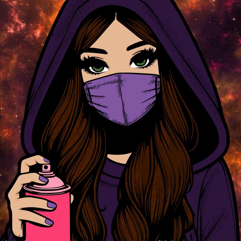 girl wearing a mask with long hair with her hood up spray-painting realistic
