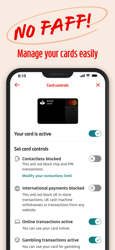 Santander Mobile Banking - Écran de contrôle de carte de l'application Santander Mobile Banking montrant les paramètres de sécurité et les options de transaction