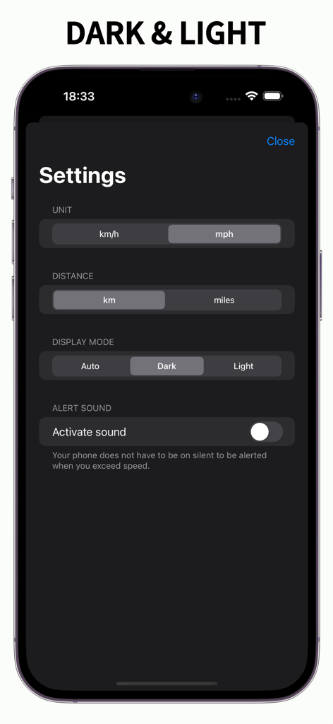 Settings screen of the Speedometer GPS app showing measurement units and dark mode display options