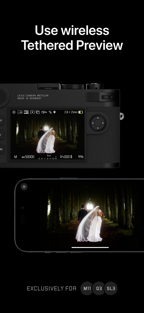 A Leica camera and an iPhone displaying a synchronized wireless tethered preview of a photo.