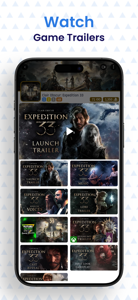 Tela do aplicativo móvel mostrando uma coleção de trailers de jogos PlayStation e vídeos de lançamento para Clair Obscur Expedition 33