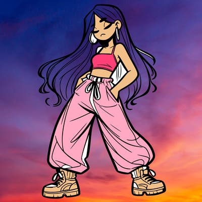 girl in baggy pants crop top and long hair