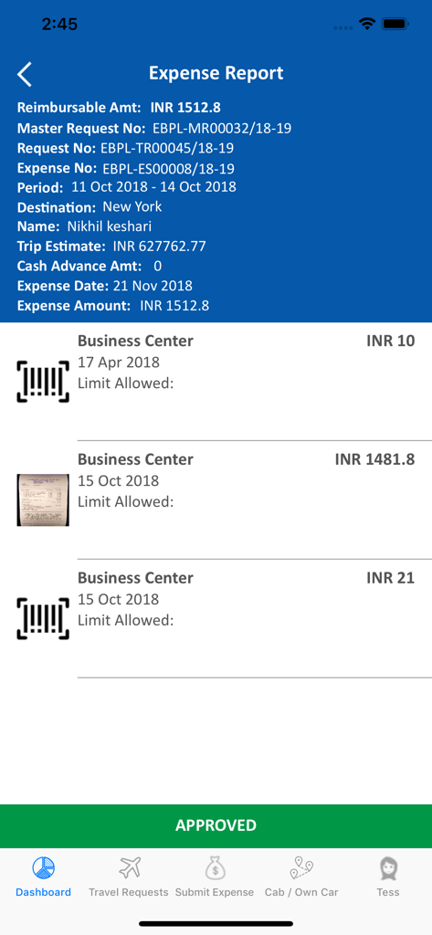 A detailed view of an approved business travel expense report within the Tess360 mobile application